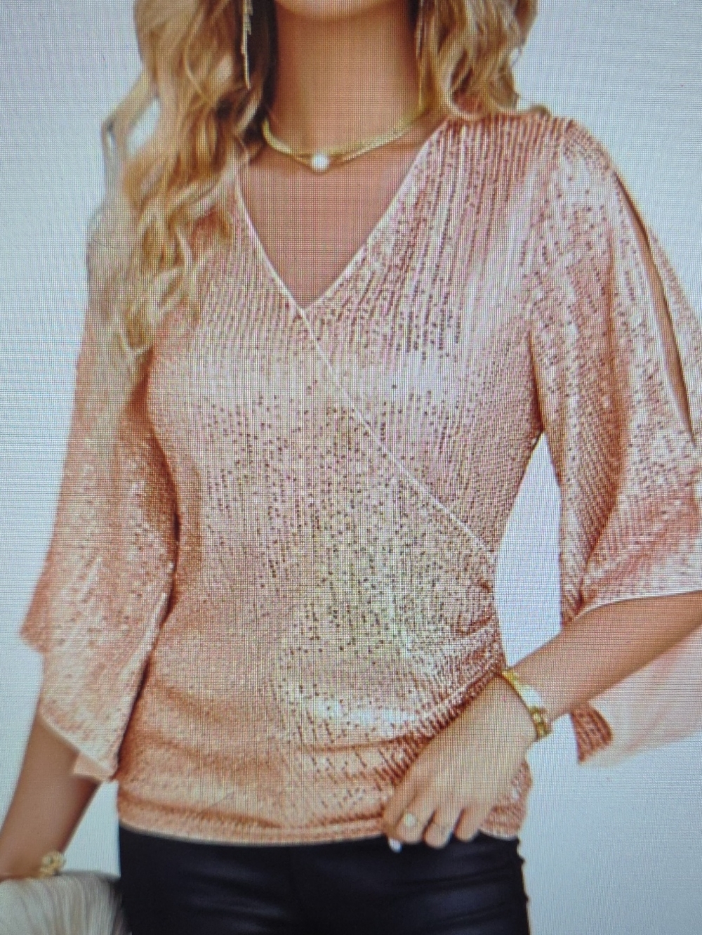 GRACE KARIN Sequin V-Neck Blouse Slim Fit Cocktail Party Rose Gold XL